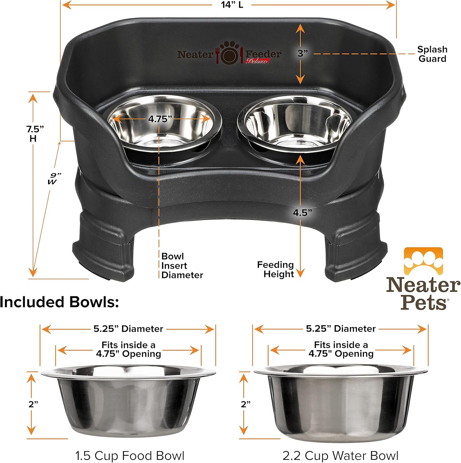 Neater Feeder Deluxe with Leg Extensions (Small, Midnight Black)