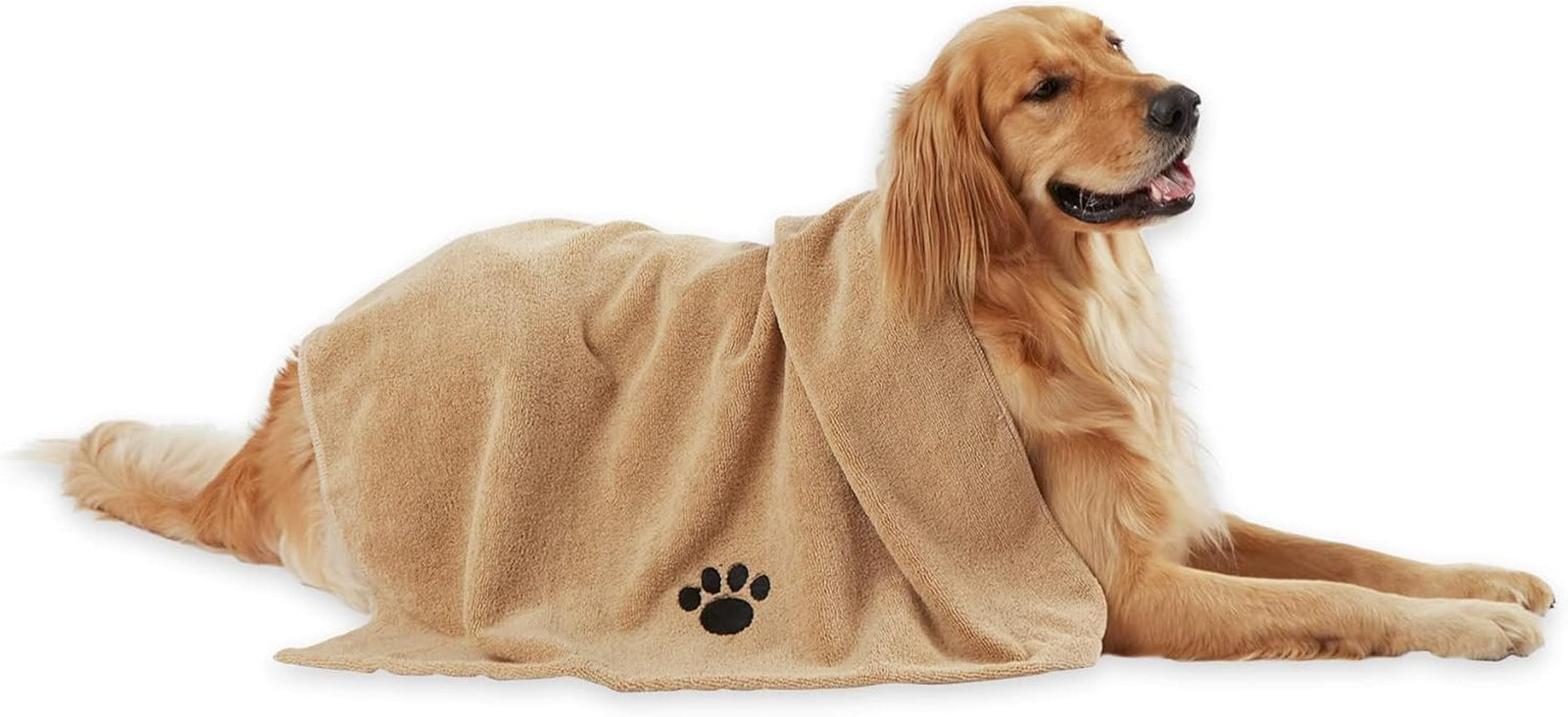 Pet Drying Collection Embroidered Terry Microfiber, Towel X-Large, 41X23.5", Taupe with Black Paw Print