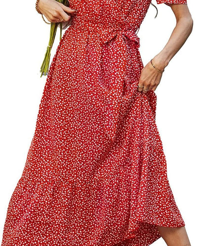 Women'S Floral Summer Dress Wrap V Neck Short Sleeve Belted Ruffle Hem A-Line Bohemian Maxi Dresses